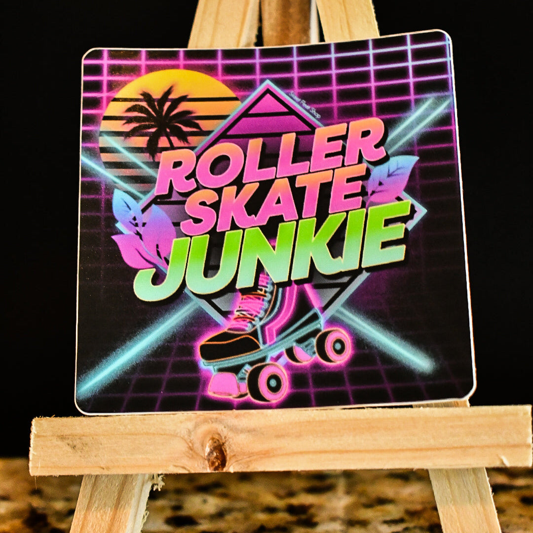 Neon sign with 'Roller Skate Junkie' text on a wooden stand against a dark background
