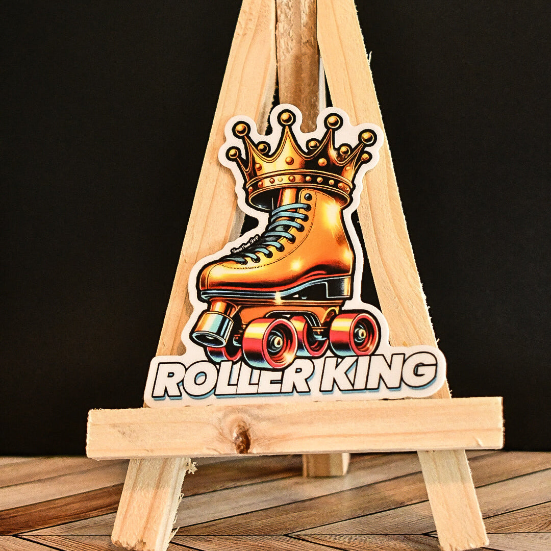 Wooden stand with a roller skate design labeled 'Roller King' on a dark background