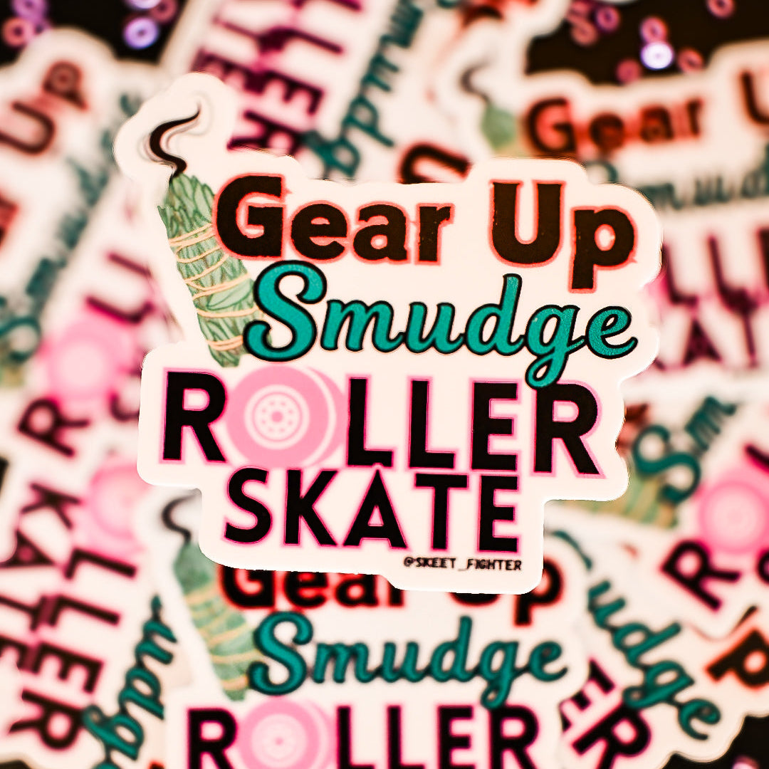Close-up of 'Gear Up Smudge Roller Skate' stickers on a dark background with confetti.