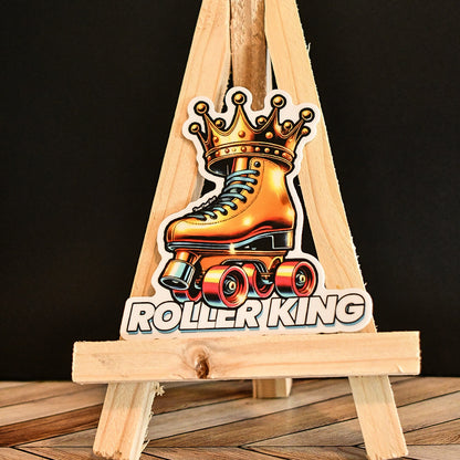 Wooden stand with a roller skate design labeled 'Roller King' on a dark background