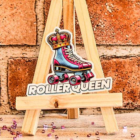 Roller skate with 'Roller Queen' text on a wooden stand against a brick wall.