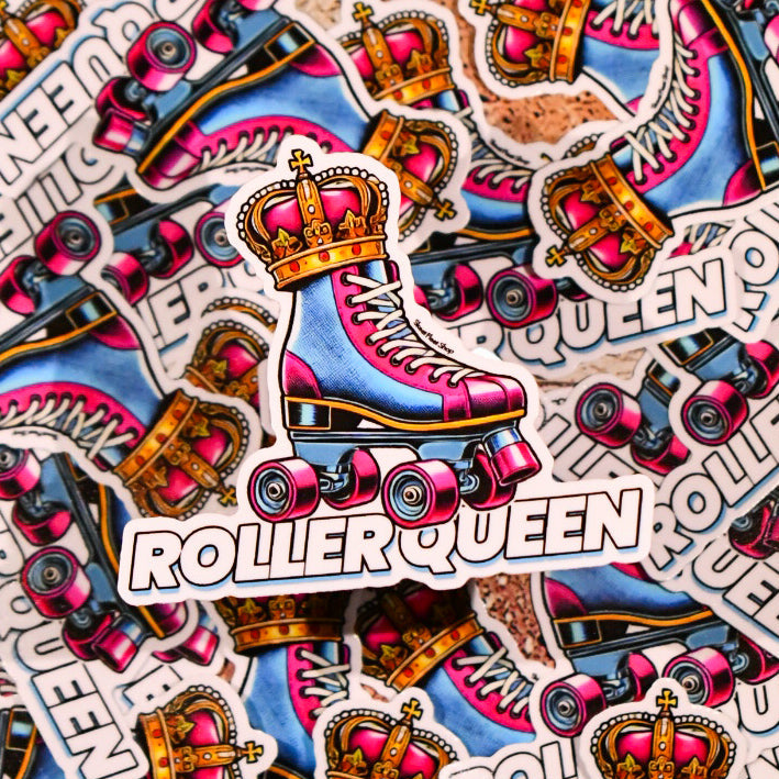 Sticker design with roller skates and crowns, featuring the text 'Roller Queen'.