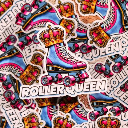 Sticker design with roller skates and crowns, featuring the text 'Roller Queen'.