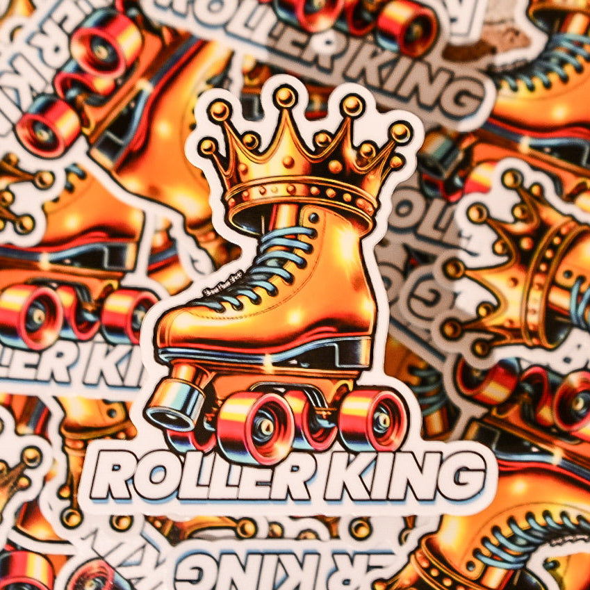 Roller skates with a crown and 'Roller King' text on a patterned background