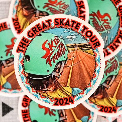 Stickers with 'The Great Skate Tour' and 'Skate Fighter' branding on a patterned background.