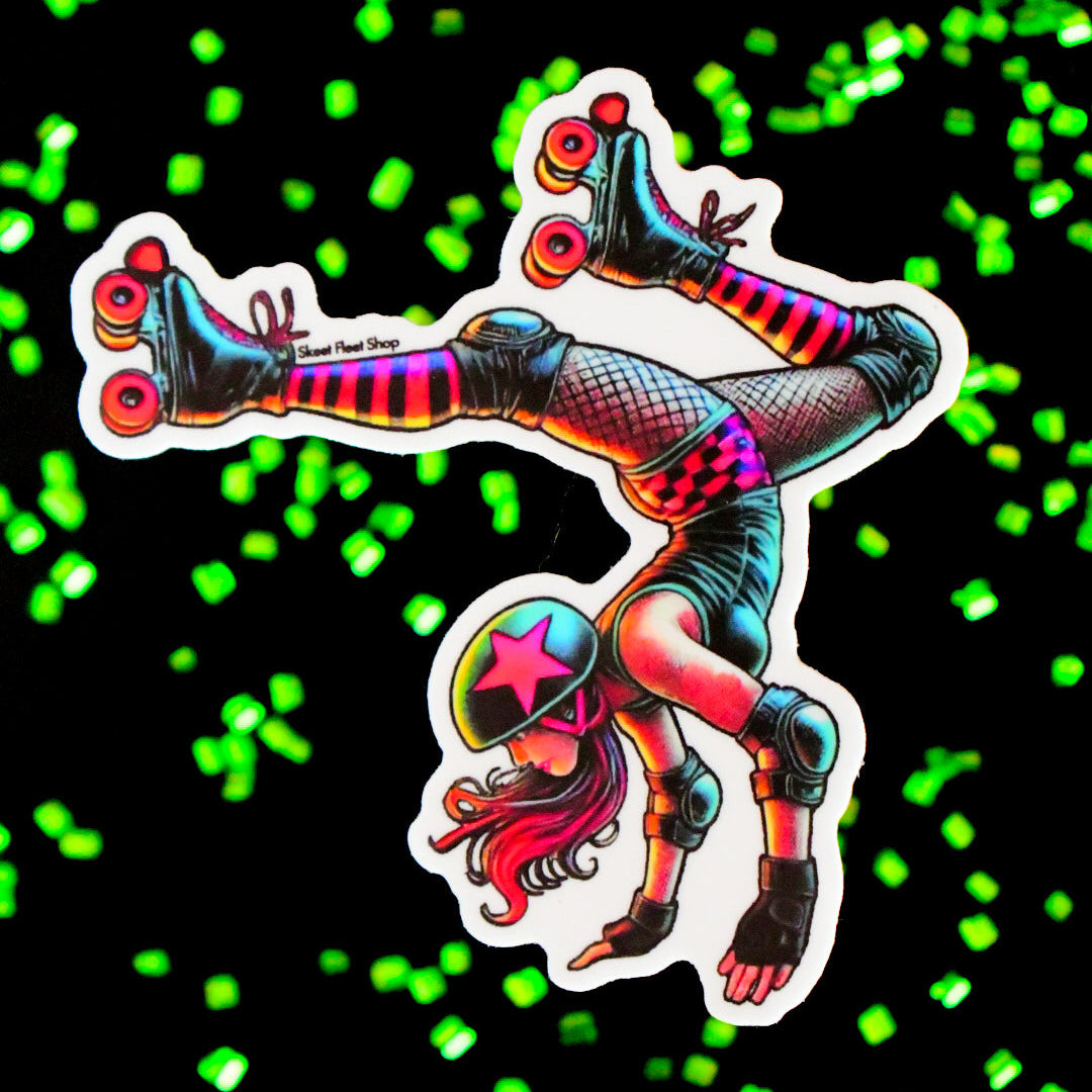 Colorful sticker of a roller skater on a black background with green glowing dots