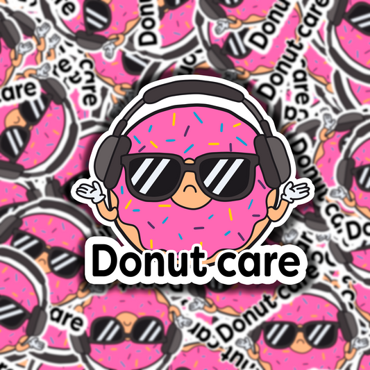 Sticker of a donut with sunglasses and headphones on a patterned background with 'Donut care' text.