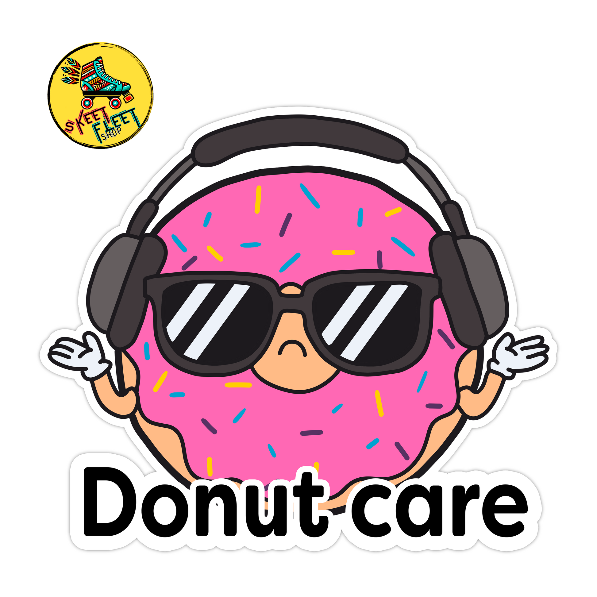 Cartoon donut with sunglasses and headphones wearing a 'Donut care' shirt, with a small logo in the corner.
