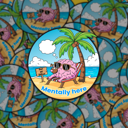 Circular sticker with a brain character relaxing on a beach, surrounded by more stickers with the same design.