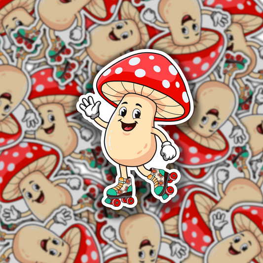 Cartoon mushroom character with a red cap on a background of similar mushrooms.