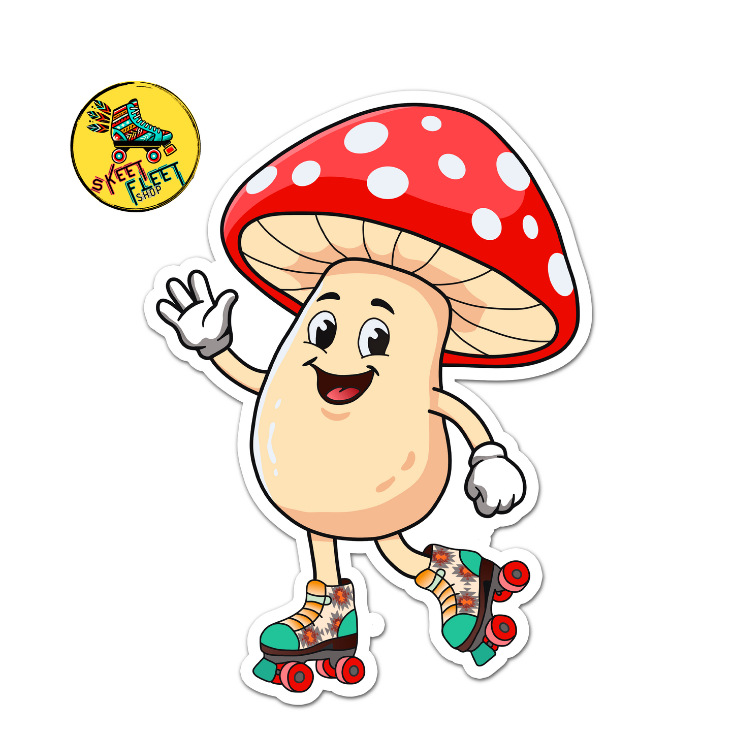 Cartoon mushroom character with a red cap and colorful roller skates, waving, on a white background.