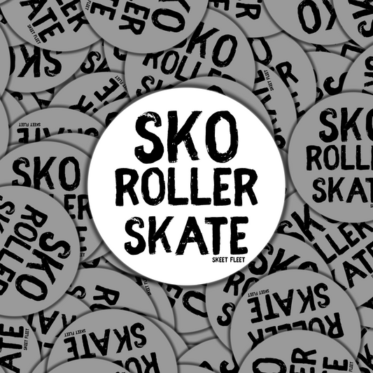 Circular stickers with 'SKO ROLLER SKATE' text on a patterned background