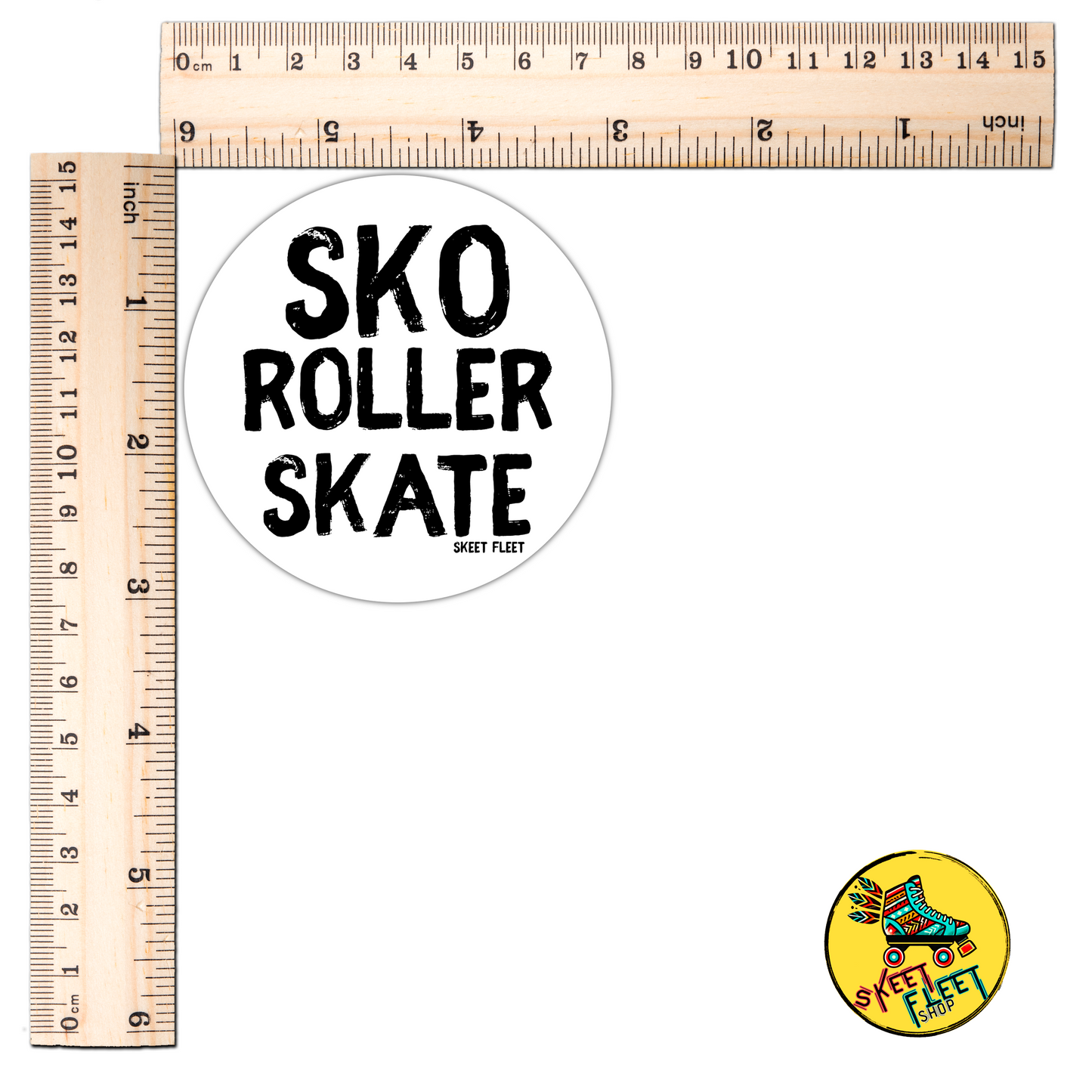 Sticker with 'SKO Roller Skate' text next to a ruler for size reference on a white background.